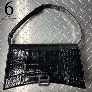 Balenciaga Shiny Croc Embossed Hourglass Sling Shoulder Bag in Black